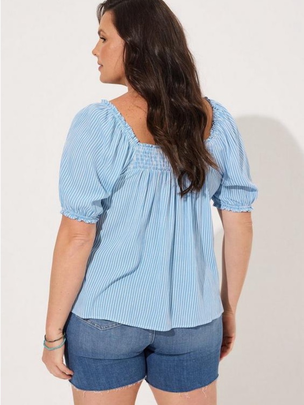 Torrid Washable Gauze Smocked Yoke Top Blue and White Striped
